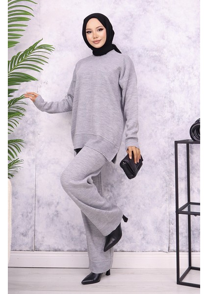 Çizgili Şeritli Triko Takım 3085-01 Gri modelleri