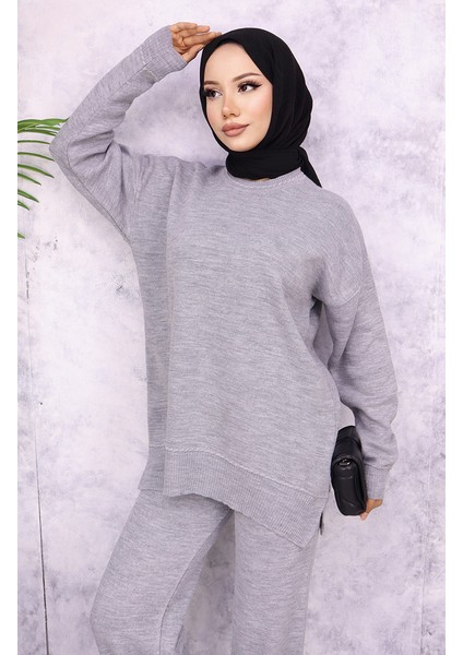 Çizgili Şeritli Triko Takım 3085-01 Gri indirimleri