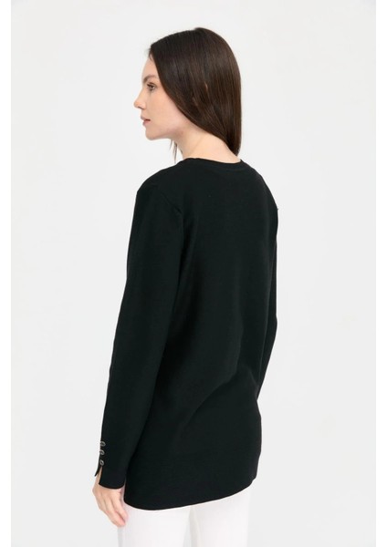 Kadın Sıfır Yaka Yırtmaçlı Kazak 24357 Siyah fırsatları