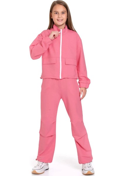 Fermuarlı Beli ve Paçası Büzgülü Lastik Detaylı Gül Kurusu Renk Kız Çocuk Eşofman Takım