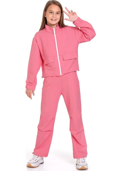 Fermuarlı Beli ve Paçası Büzgülü Lastik Detaylı Gül Kurusu Renk Kız Çocuk Eşofman Takım fiyatları