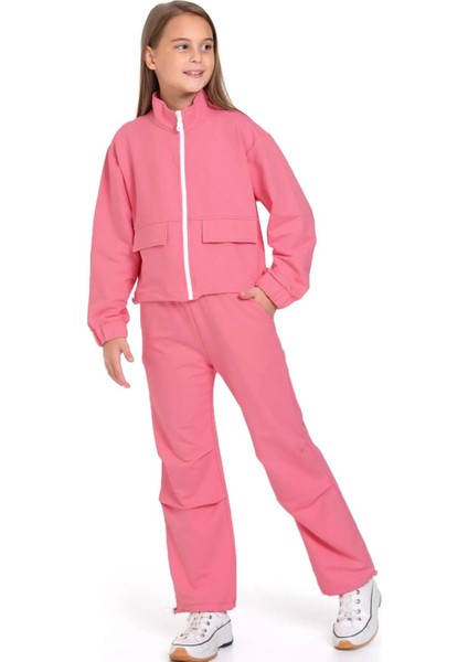 Fermuarlı Beli ve Paçası Büzgülü Lastik Detaylı Gül Kurusu Renk Kız Çocuk Eşofman Takım modelleri