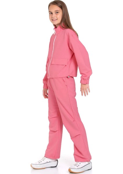 Fermuarlı Beli ve Paçası Büzgülü Lastik Detaylı Gül Kurusu Renk Kız Çocuk Eşofman Takım indirimleri