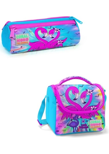 Mavi Pembe Flamingo Desenli Üç Bölmeli Kalem Çantası ve Thermo Beslenme Çantası fiyatları