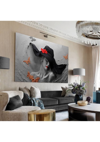 Siyah Kurdeleli Şapka Takan Kadın Görseli Kanvas Tablo Dijital Hd Baskı Duvar Tablosu Modeli
