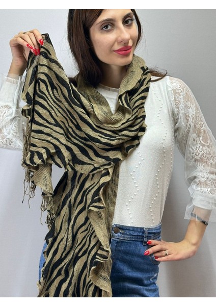 Triko Lastikli Fırfırlı Zebra Desenli Kadın Fular Şal 160X35 cm fiyatları