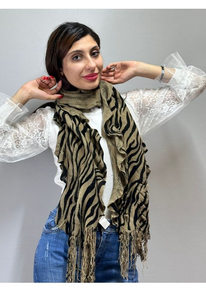 Triko Lastikli Fırfırlı Zebra Desenli Kadın Fular Şal 160X35 cm modelleri