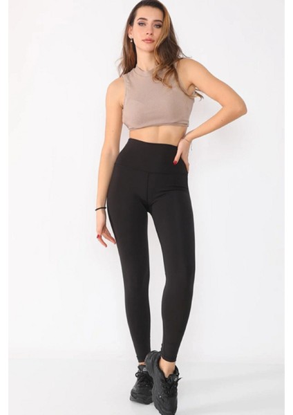 Kadın Siyah Dalgıç Toparlayıcı Yüksek Bel Sporcu Tayt