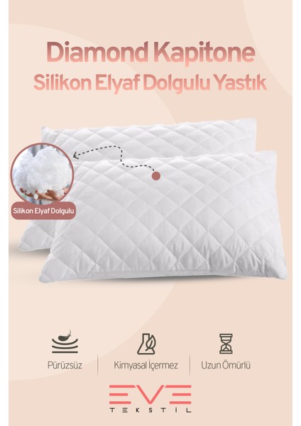 2 Adet Diamond Serisi Kılıflı Fermuarlı Yıkanabilir Antialerjik Silikon Elyaf Yastık 50x70cm 800 gr