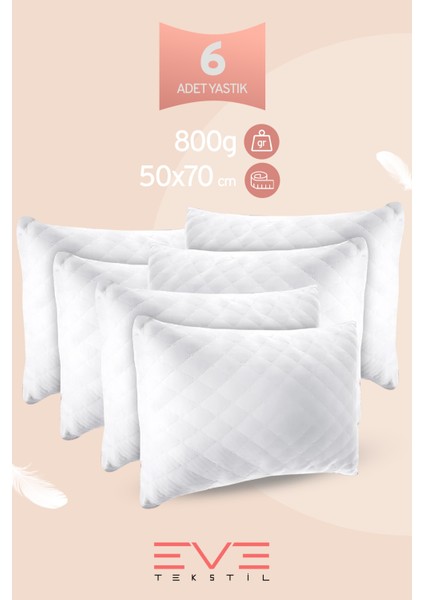6 Adet Diamond Serisi Kılıflı Fermuarlı Yıkanabilir Antialerjik Silikon Elyaf Yastık 50x70cm 800 gr