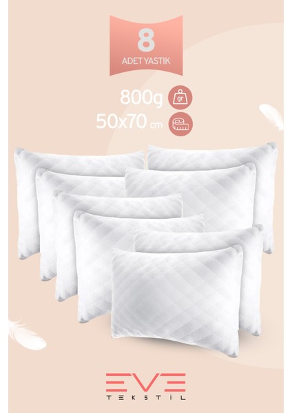 8 Adet Diamond Serisi Kılıflı Fermuarlı Yıkanabilir Antialerjik Silikon Elyaf Yastık 50x70cm 800 gr