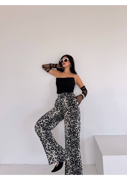 Leopar Desen Saten Pantolon