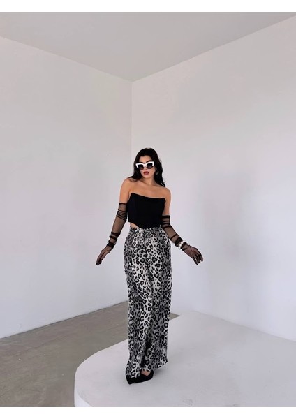 Leopar Desen Saten Pantolon