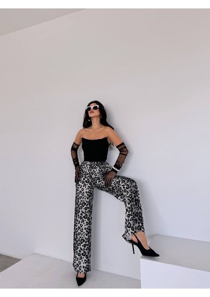 Leopar Desen Saten Pantolon