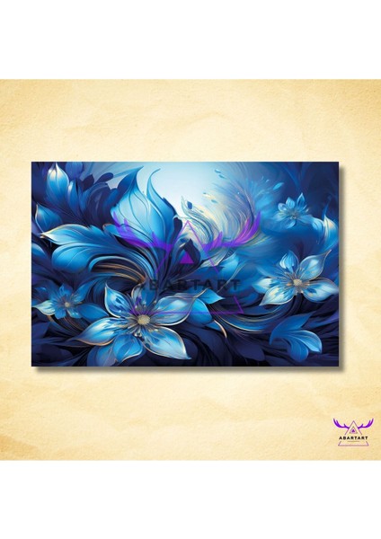 Tekli Yatay Kanvas Şık Duvar Tablosu Mavi Gold Çiçek Tasarımı fiyatları