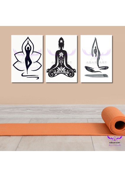 3'lü Kanvas Tablo Seti Yoga ve Meditasyon Yapan Insan Figürleri