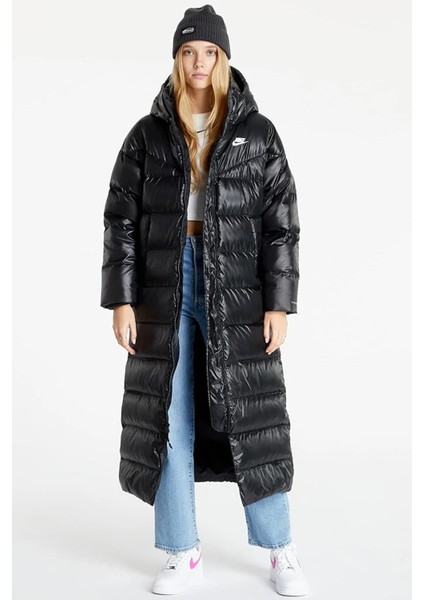 Sportswear Down Fill Jacket Kaz Tüyü Geniş Kalıp Uzun Siyah Mont modelleri