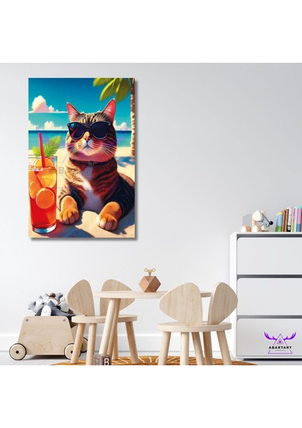 Tekli Dikey Kanvas Denizde Güneşlenip Kokteyl Içen Kedi Tasarımı