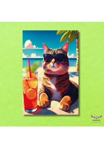 Tekli Dikey Kanvas Denizde Güneşlenip Kokteyl Içen Kedi Tasarımı fiyatları