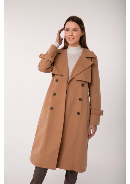 Pastelastore Pamuk Gabardin Uzun (110CM) Astarlı Kemerli Kadın Trençkot 1111