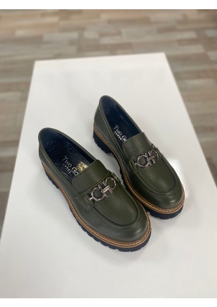 Violet Deri Haki Renk Tokalı Kadın Loafer Ayakkabı fiyatları