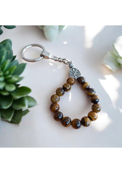 Kaplan Gözü Taşı Tesbih Anahtarlık - Doğal Taş Anahtarlık - Tesbih Anahtarlık Sertifikalı Doğal Taş Tesbih