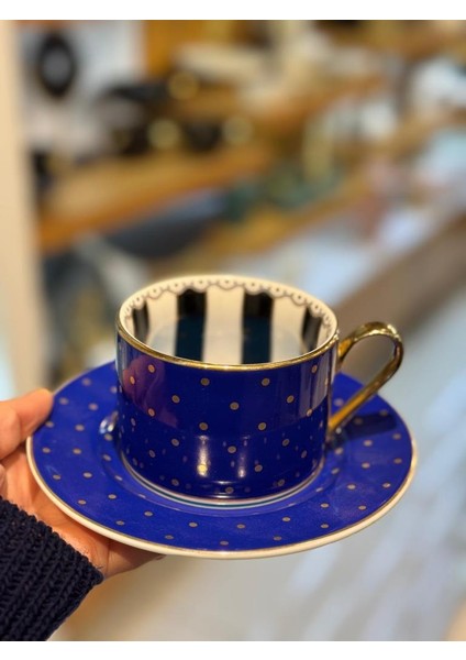Lacivert Puantiyeli Tek Kişilik Çay Fincanı