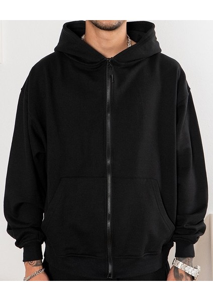 Ethab-Unisex Fermuarlı Kapşonlu Içi Polarlı Sweatshirt Siyah Cepli Model