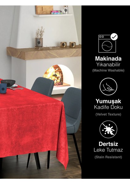 Kadife Dokulu Kırmızı Masa Örtüsü