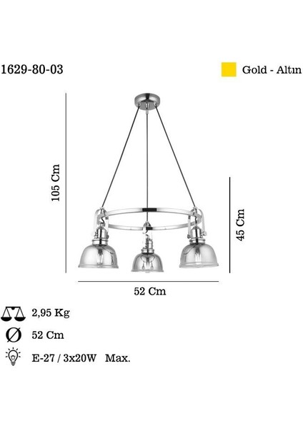 Mago Altın 3'lü Sarkıt Avize 3XE27
