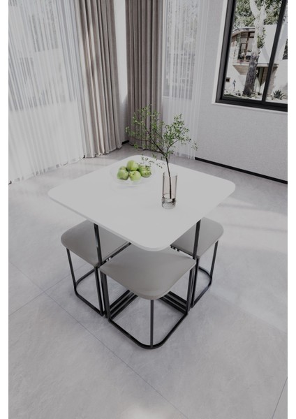 Kare 4 Kişilik Tabureli Dekoratif Metal Ayaklı Mutfak Masası Yemek Masası