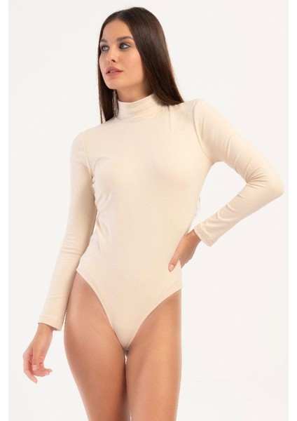 Kadın Çift Taş Işlemeli Şardonlu Ince Yumuşacık Kumaş Balıkçı Yaka Bej Thermal Çıtçıtlı Bady C5T5N1O504