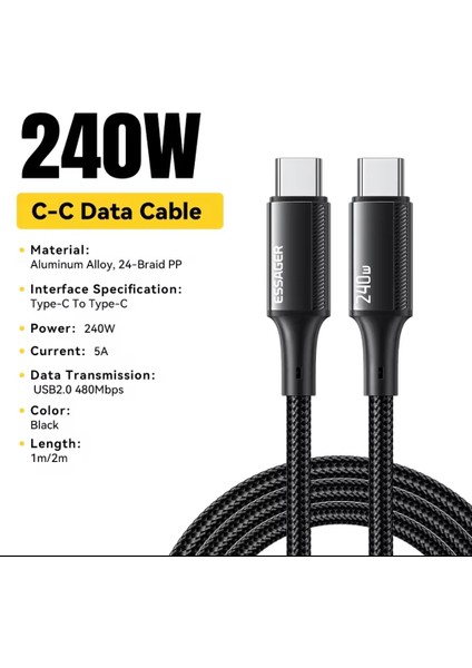 240W CE/FC/ROHS Lisanslı Type-C To Type-C Süper Hızlı Şarj ve Data Veri Kablosu Örgülü Sağlam