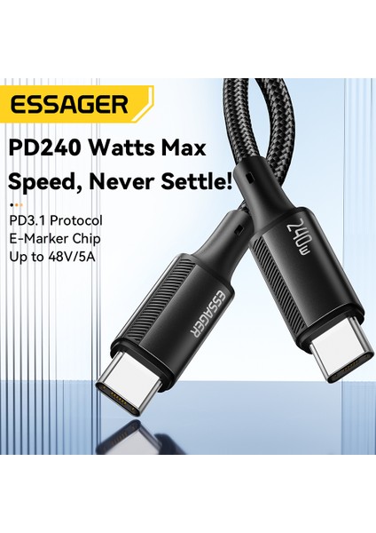 240W CE/FC/ROHS Lisanslı Type-C To Type-C Süper Hızlı Şarj ve Data Veri Kablosu Örgülü Sağlam
