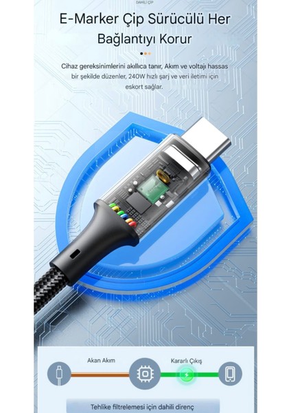 240W CE/FC/ROHS Lisanslı Type-C To Type-C Süper Hızlı Şarj ve Data Veri Kablosu Örgülü Sağlam