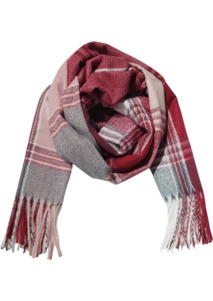 Pembe Bordo Ekose Desenli Yumoş Kışlık Şal (70*180)