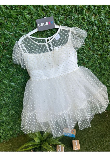 Benekli Tüllü Çocuk Abiye - Elbise Beyaz