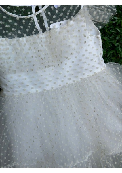 Benekli Tüllü Çocuk Abiye - Elbise Beyaz fiyatları