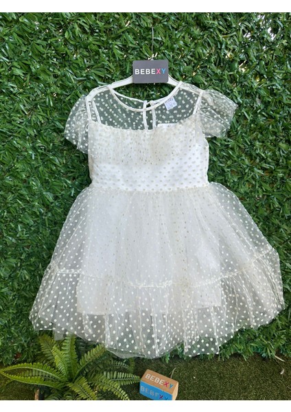 Benekli Tüllü Çocuk Abiye - Elbise Beyaz modelleri