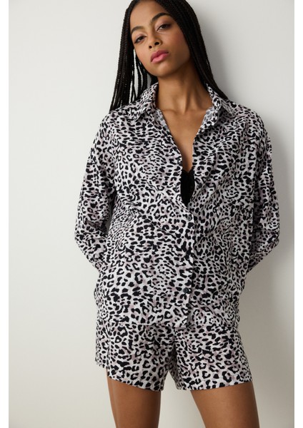 Leopar Gömlek Pantolon Çok Renkli Şortlu Pijama Takımı