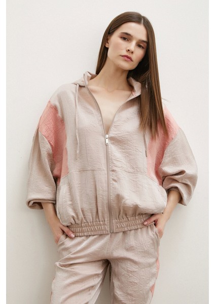 Fermuarlı Garnili Sweatshirt Bej