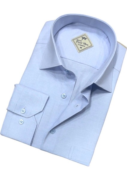 Klasik Kesim Düz Dokuma Pamuk Erkek Uzun Kollu Gömlek