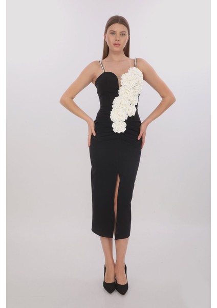 Çiçek ve Drape Detaylı Inci Askılı Elbise