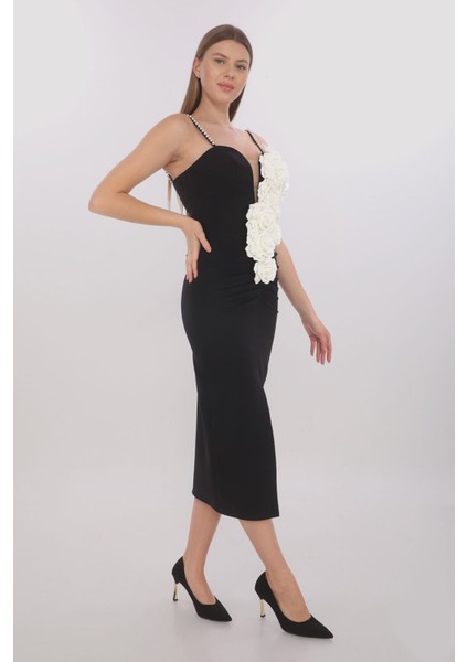 Çiçek ve Drape Detaylı Inci Askılı Elbise