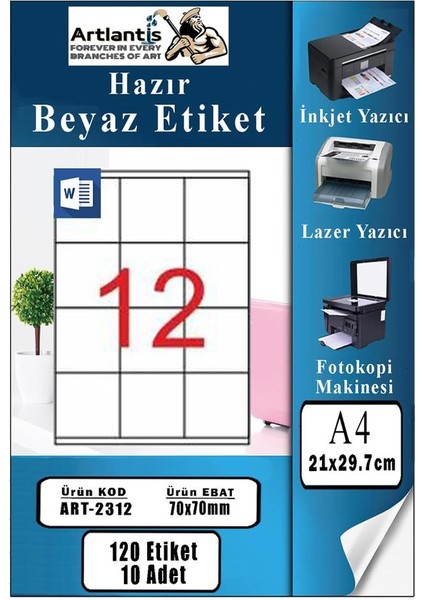 A4 Hazır Etiket 70X70 mm 10 Sayfa 1 Paket 12 Li Kendinden Yapışkanlı Fotokopi Lazer Inkjet Kağıdı Yazıcılar Için Uyumlu