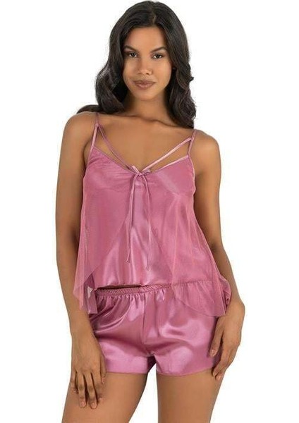 Gül Kurusu Saten Şort Takımı