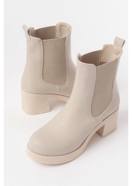 5109-3056 Bej Lastikli Fermuarlı Kalın Topuklu Günlük Kadın Bot indirimleri