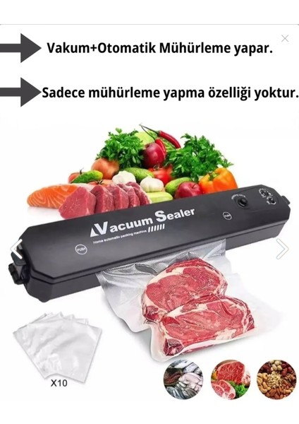 Vacuum Sealer Gıda Vakum ve Mühürleme Makinesi (10 Plastik Poşet Hediyeli)