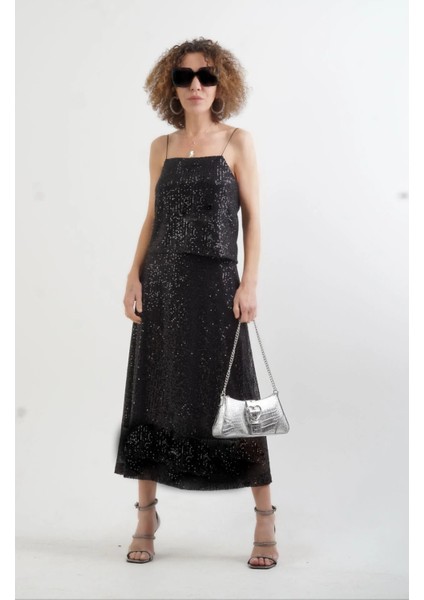 Siyah Ip Askılı Pul Payetli Kısa Bluz fiyatları