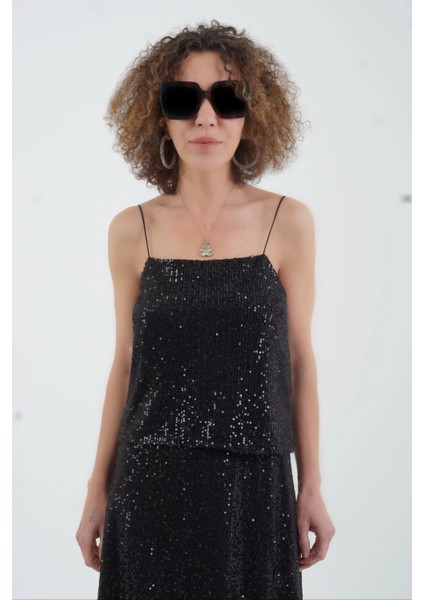 Siyah Ip Askılı Pul Payetli Kısa Bluz modelleri